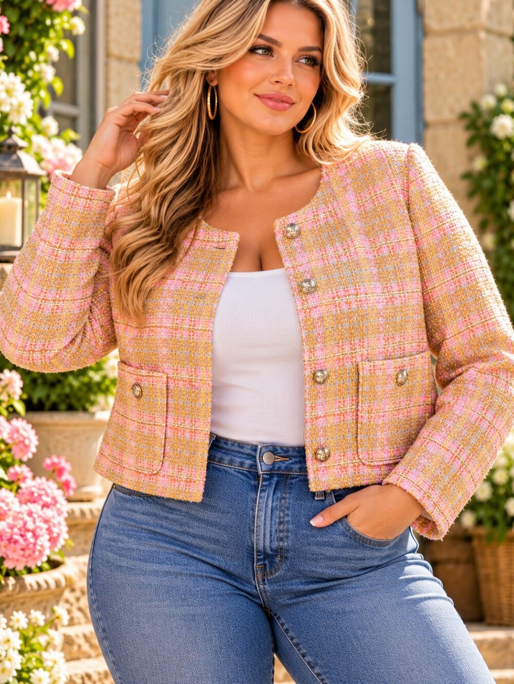NWT Time and Tru Tweed Crop Jacket Blazer Pink Yellow Metallic Gold Size XXXL 22